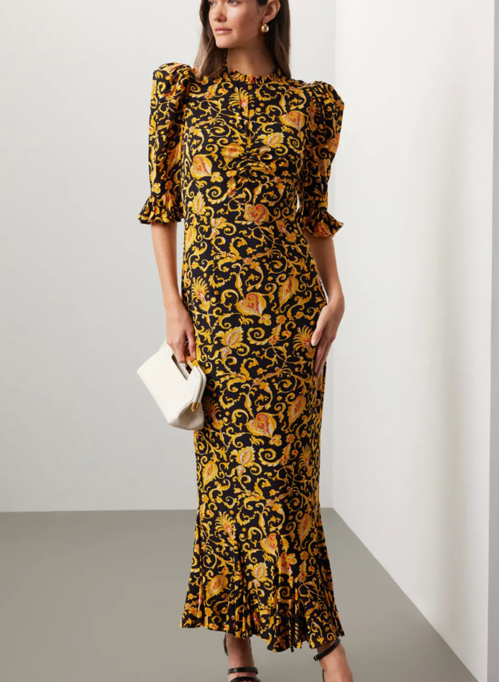 Rhode Black Yellow Floral Satin Midi Dress SIZE 2 Ruffle Modest Designer $600